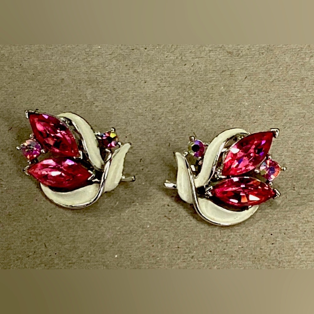 Elegant Lisner Pink Rhinestone & Silver Tone Clip on Earrings